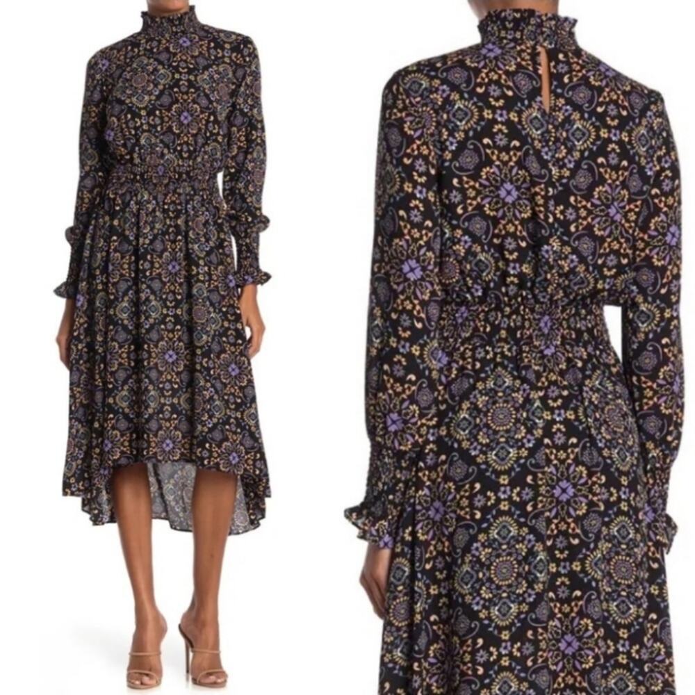 Nanette Lepore Black Multi-color Smock Neck Midi Dress. Size 6